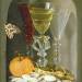 Still life of facon-de-Venise wine glasses surrounded by fruit and sweetmeats